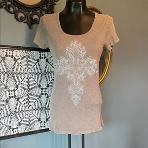 Daytrip Taupe Short Sleeve Scoop Neck Top with White Cross Embellishment